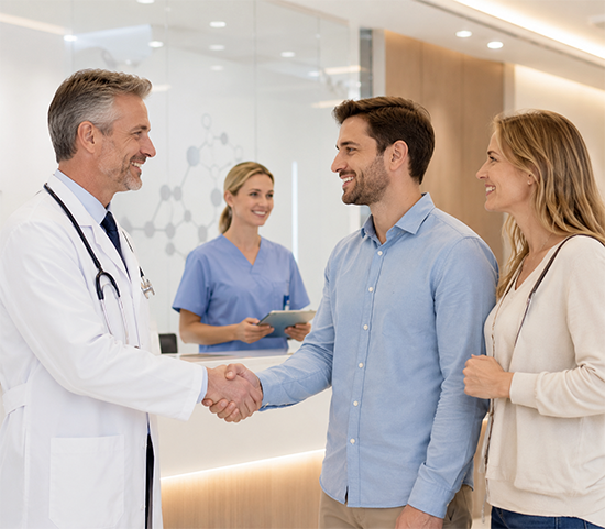 Doctor greeting an international patient and family at Stem Cell Care India